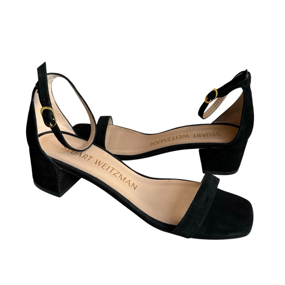 Stuart Weitzman Nudist Block Heel Sandals Black Suede - Picture 3 of 11